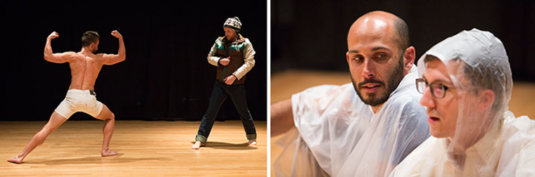 Left is of a shirtless man with fists up facing a man in a beanie and windbreaker; right is a close-up of 2 men in see-through ponchos - than man with glasses has the poncho hood up, the other man is bald with a beard