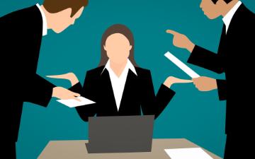 Illustration of businesspeople in a tense decision-making discussion.