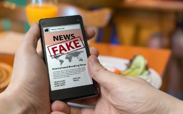 Person holding a phone showing Fake News with thumbs up and down icons.