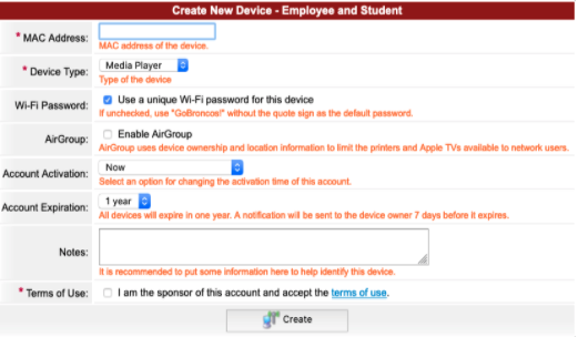 BroncoFi device registration form screenshot with fields for MAC address, device name, and description.