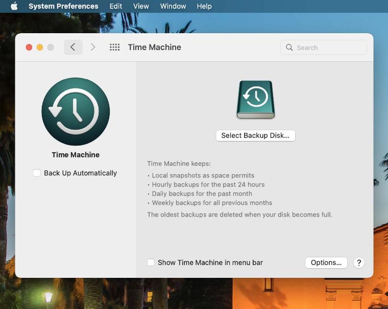 An image of the Time Machine panel in macOS System Preferences with a button for Select Backup Disk...