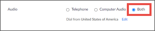 Both audio options displayed, including Zoom call-in details.