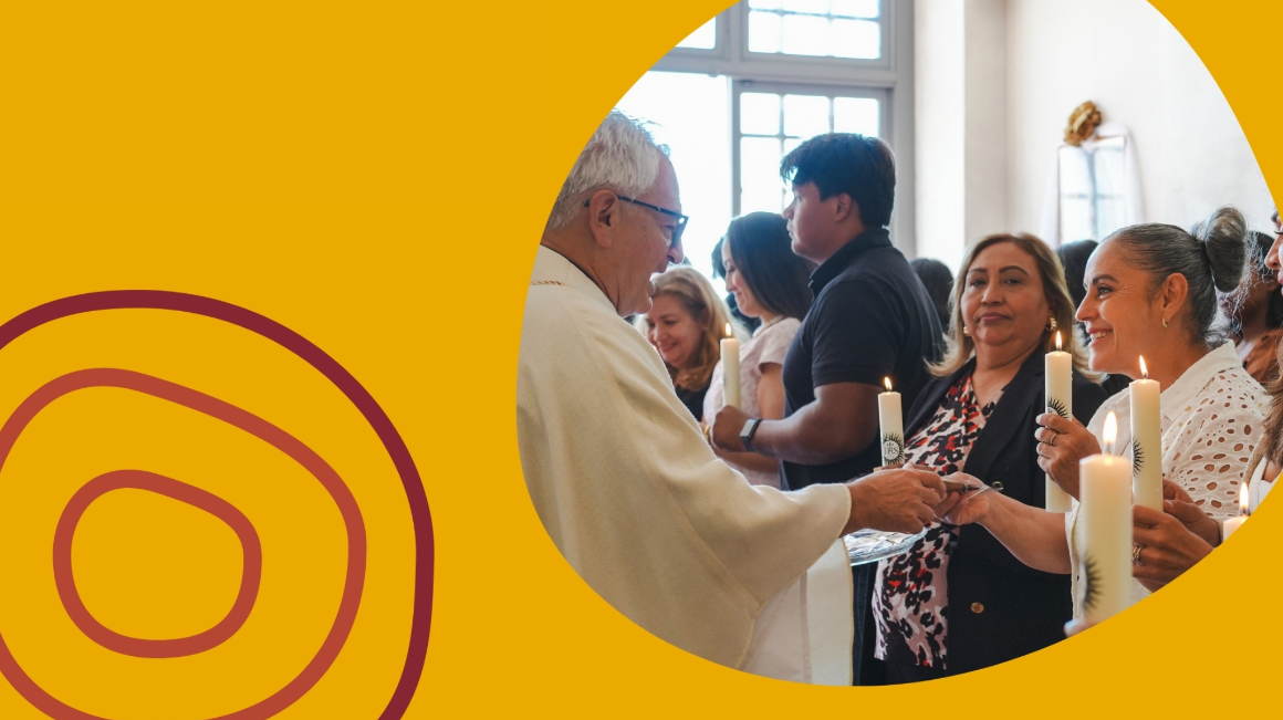 People interacting with a priest on top of a golden yellow background with organic shapes