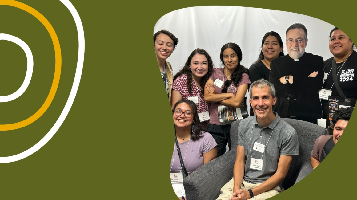 A group of people smiling on a green background with organic shapes