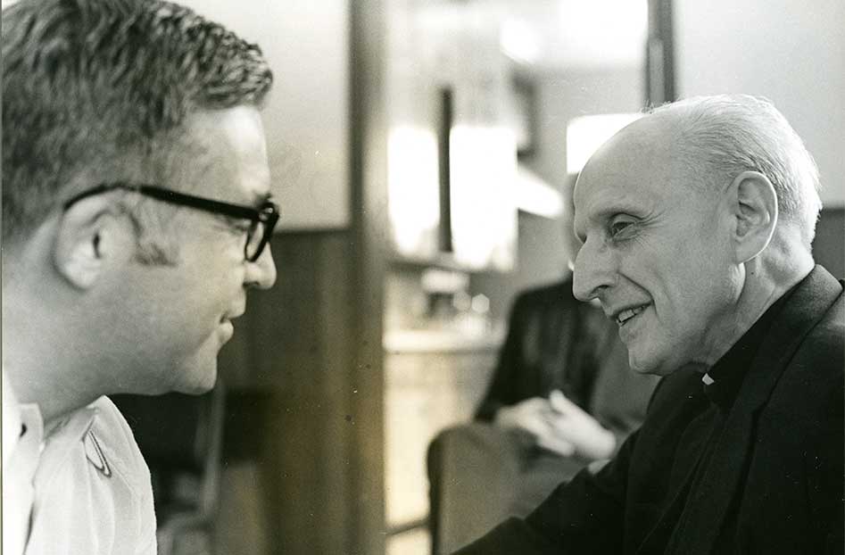 Rev. Francis G. Parker, S.J., with Very Rev. Pedro Arrupe, right, during his visit to the school in May, 1971.