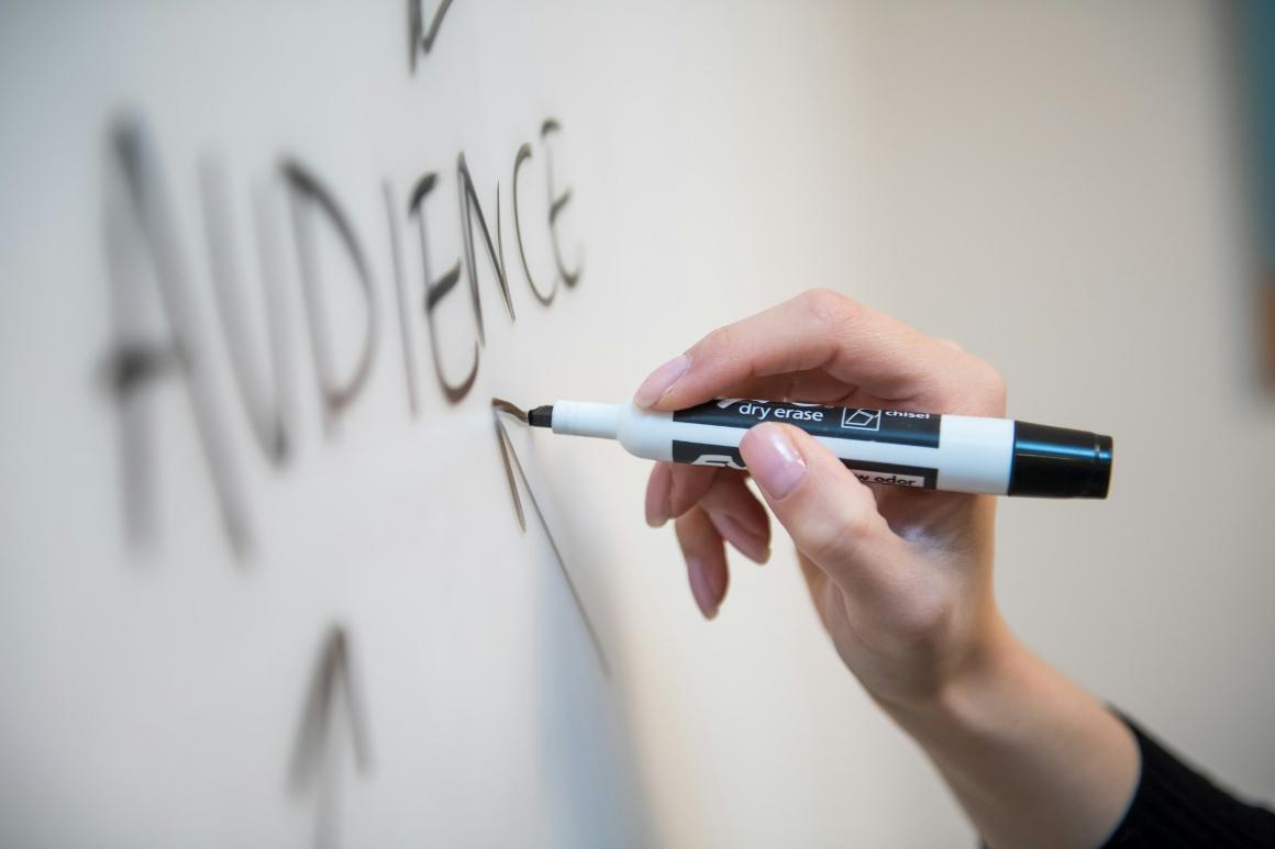 Marketing professional whiteboarding to flesh out campaign details