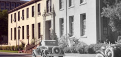 Bannan Alumni House split to show how it looks on the right side in black in white from the past with the left being in color 