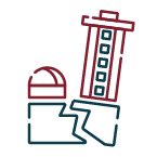 Title: Earthquake
Alt text: Cracked ground, tilted building, and fallen objects illustrating earthquake impact.