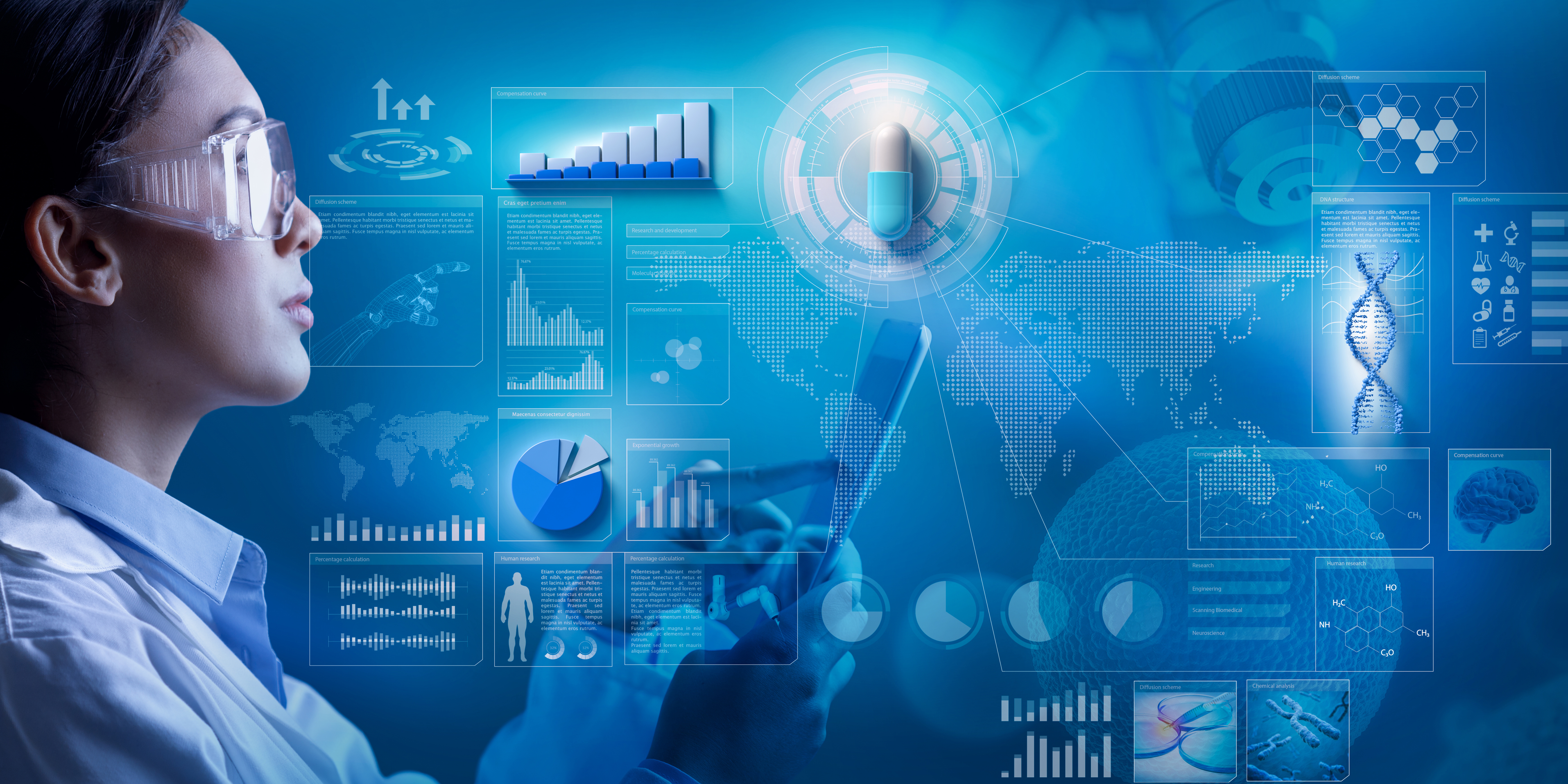 Computer generated image of a female scientist with a blue biotech background.